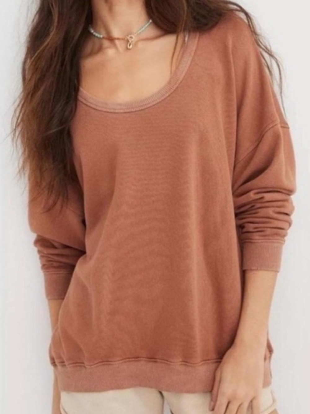 Aerie Summer Daze Oversized Crewneck Sweatshirt Size M Neutral Brown Pullover